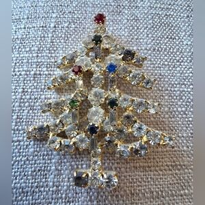 Vintage Christmas Tree Brooch Pin 1950s Mid-Century Rhinestone